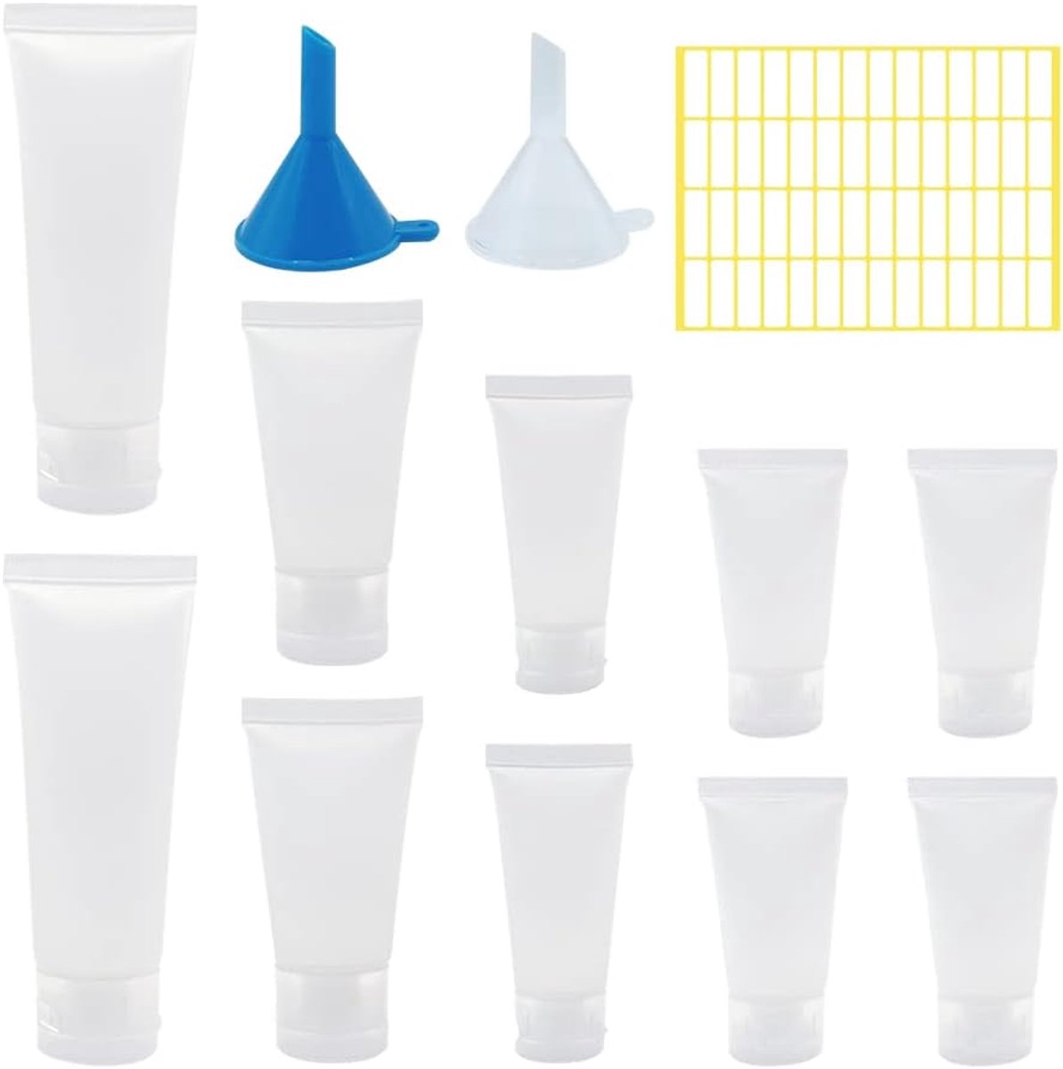 SnelShoppen - 10 Stuks Lege Vulpotjes - Transparante Flesjes voor Reizen - Herbruikbare Squeeze Bottles - Toilettas - Met Trechter en Etiketten - 15ml