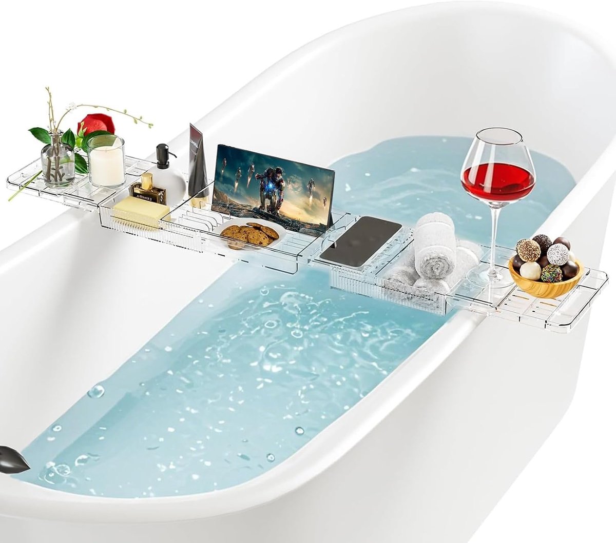 SnelShoppen - Verstelbaar Badkuiprek van Kunststof, Transparant met Waterafvoer voor Tablet en Boeken, Ideaal voor Ontspanning in Bad of Douche, Perfe