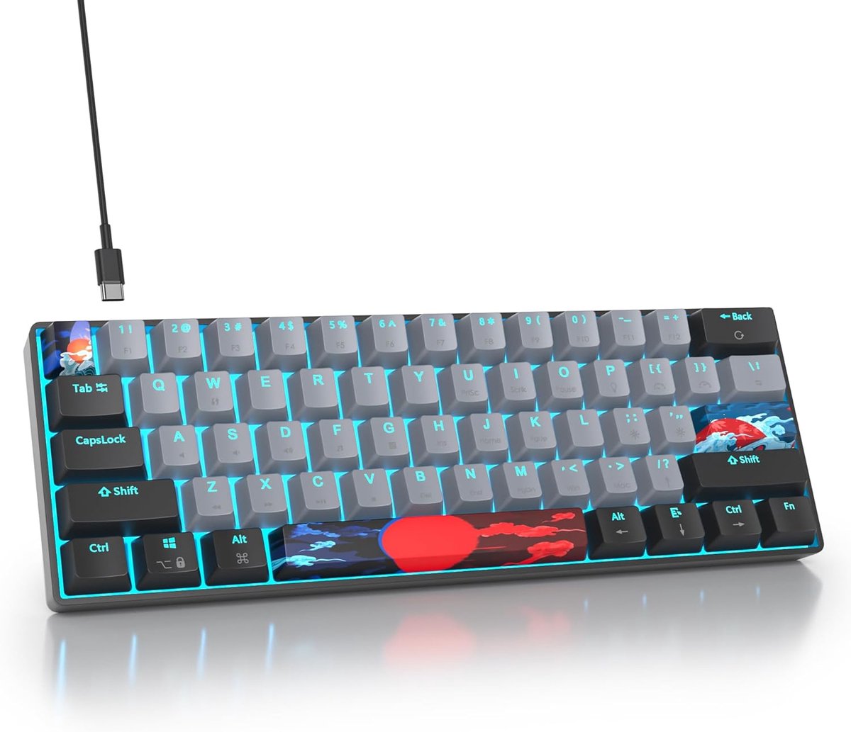 SnelShoppen - Mechanisch Gaming Toetsenbord 60%, 61 Toetsen met Rode Switches, Bedraad Toetsenbord met IJsblauwe LED-Verlichting, Compact Ergonomisch