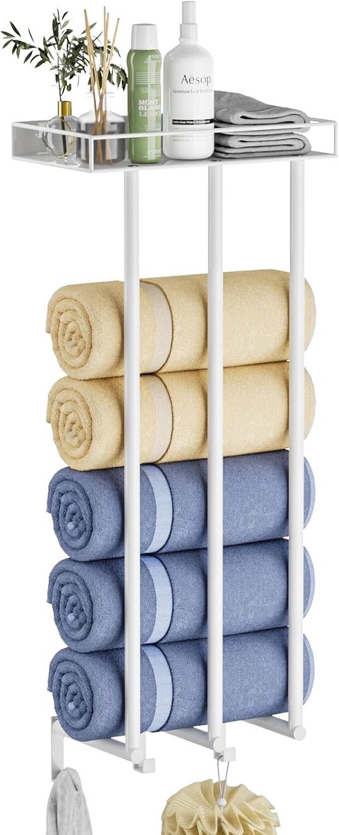 SnelShoppen - Wandgemonteerde Handdoekhouder voor Badkamer met Metalen Plank en 3 Haken, 3 Stangen Handdoek Organizer voor Kleine Badkamer, Badhanddoe