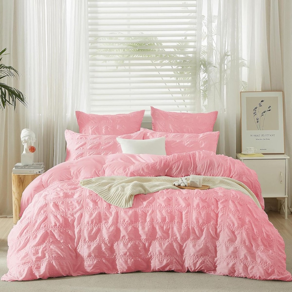 SnelShoppen - Seersucker Bedlinnen Set 220x240 cm, Zomerse Roze Moderne Ruiten, Ademend Microfiber Dekbedovertrek met Rits en 2 Kussenslopen 80x80 cm