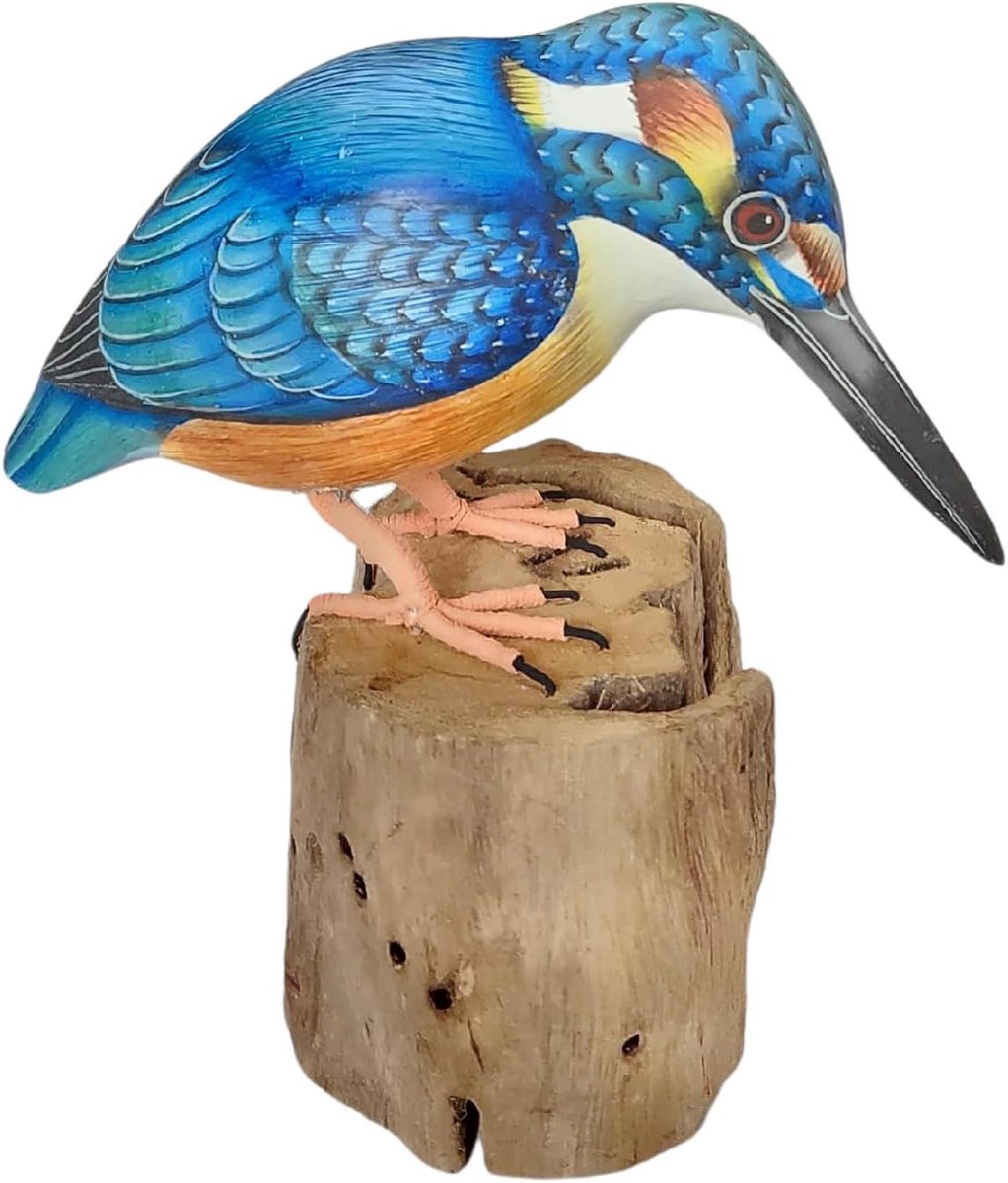 SnelShoppen - Handgegraveerde Houten Vogel - Gedetailleerd, Fair Trade, 13 cm - Perfecte Decoratie voor Binnen - Kingfisher - Uniek Cadeau