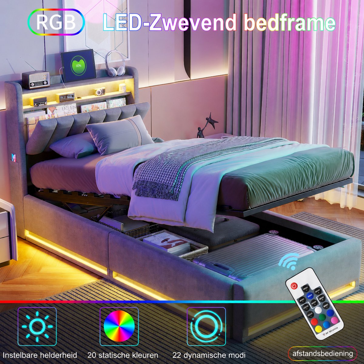 ROSAHQNDA Gestoffeerd Eenpersoonsbed 90x200 cm met LED Verlichting en USB, Hydraulisch Opbergbed met Hoofdbord, Grijs Velvet