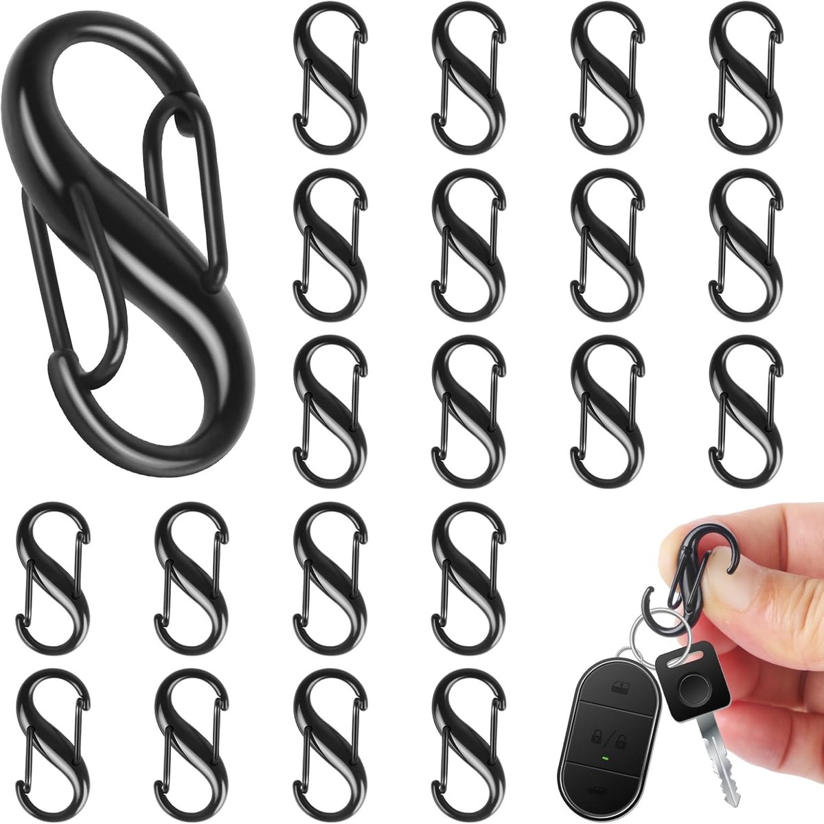SnelShoppen - Pack van 20 S Carabiner Haken, Kleine Metaal Dubbele Carabiner Haken, Zwart, 8-Vorm, 2 Openingen, 25 mm voor Outdoor Activiteiten, Hikin