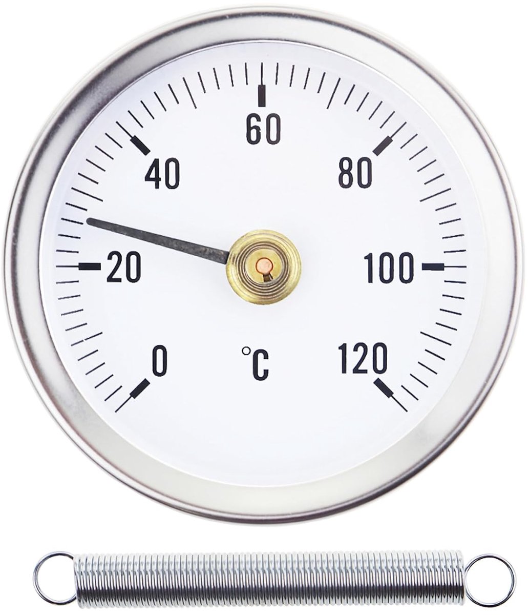 SnelShoppen - Bimetalen Verwarmings Thermometer 0-120 °C - 63 mm - RVS Wijzer - Voor Verwarmingsbuizen, Airco, Olietanks - Inclusief Veer en Haakjes