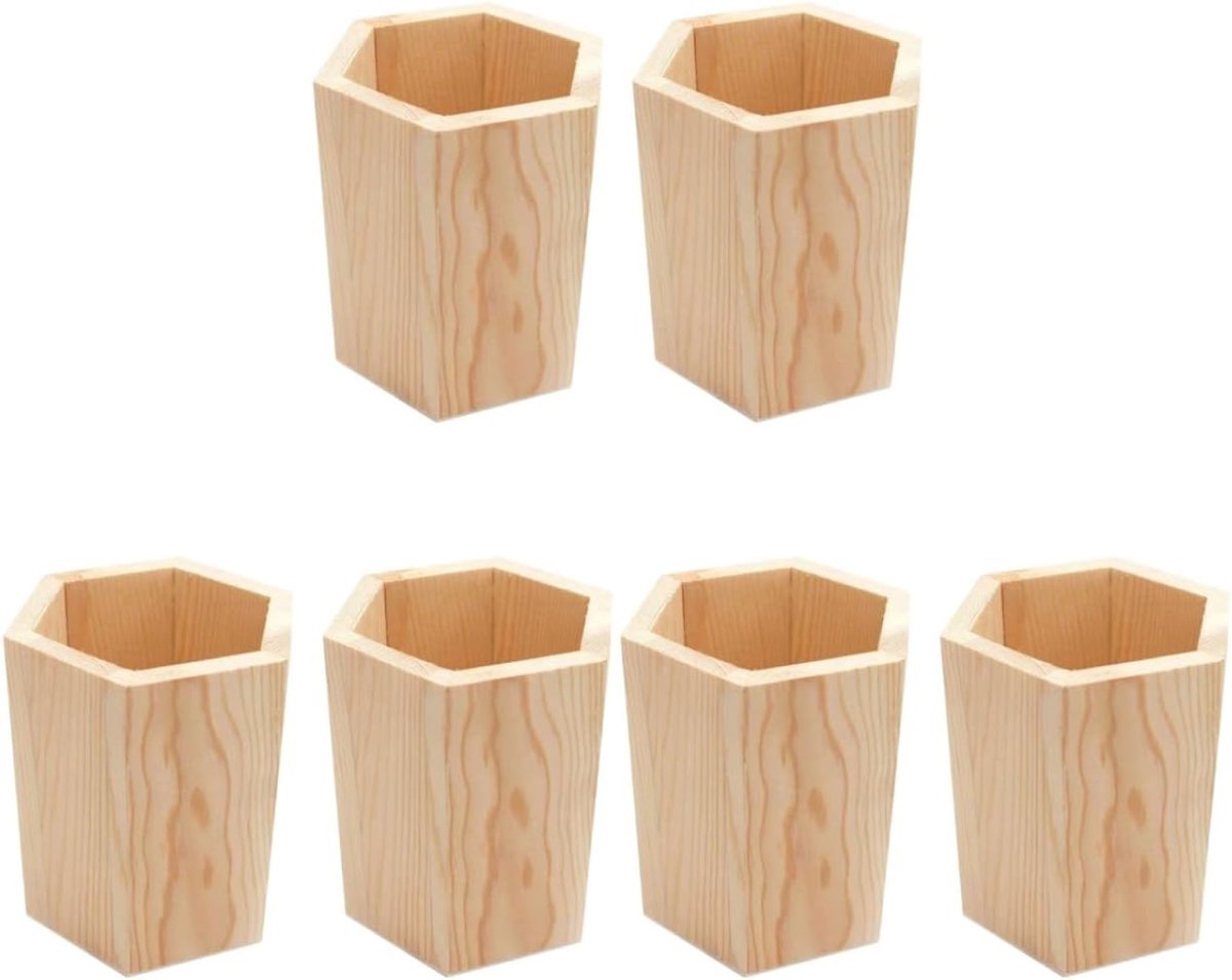 SnelShoppen - 6-delige Houten Penhouder Vierkant Pennenbak Organizer Desk Organizer voor Kinderen en Volwassenen - Duurzaam Hout - Tidy Desk Oplossing