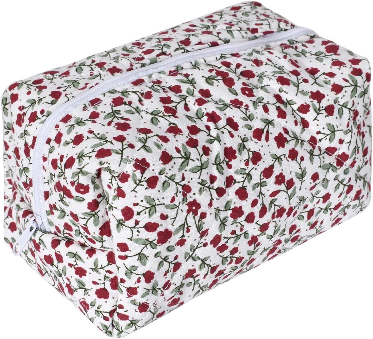 SnelShoppen - Beauty Case Travel Bag Cosmetica Tas Vrouwen - Duurzame Toilettas - Bloemenprint Rood - Compact 16x11x10cm - Perfect voor Reizen en Dage