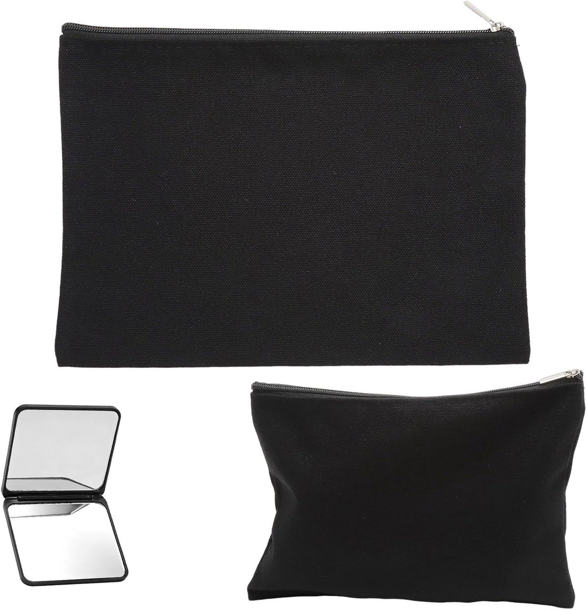 SnelShoppen - Set van 2 Make-up Tassen voor Meisjes en Vrouwen met Spiegeltje, Cosmetica Tas, Toilettas, Zwart, Lichtgewicht, Duurzaam, Voor Dagelijks