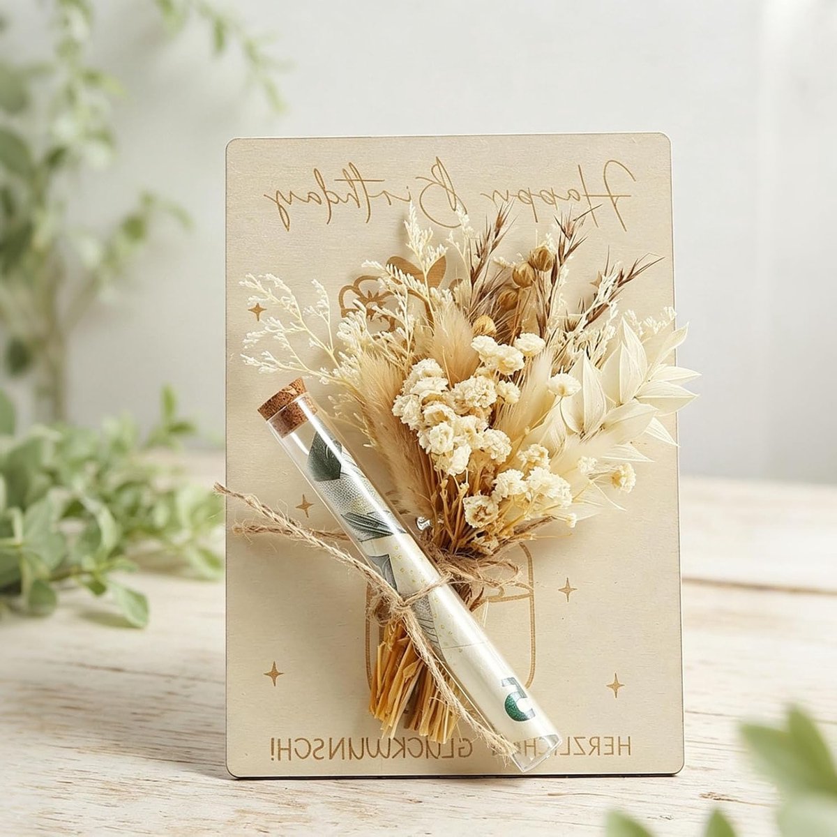 Cadeau met gedroogde bloemen en glazen buis, uniek geldcadeau voor verjaardag, wanddecoratie, herinnering, feestelijke versiering