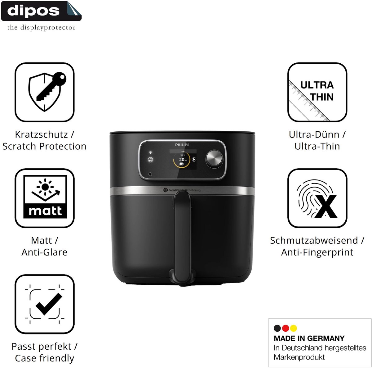 dipos – 2x Matte Beschermfolie geschikt voor Philips Airfryer HD9880/90 | Krasbestendige & antireflecterende Screenprotector Ultra-Thin