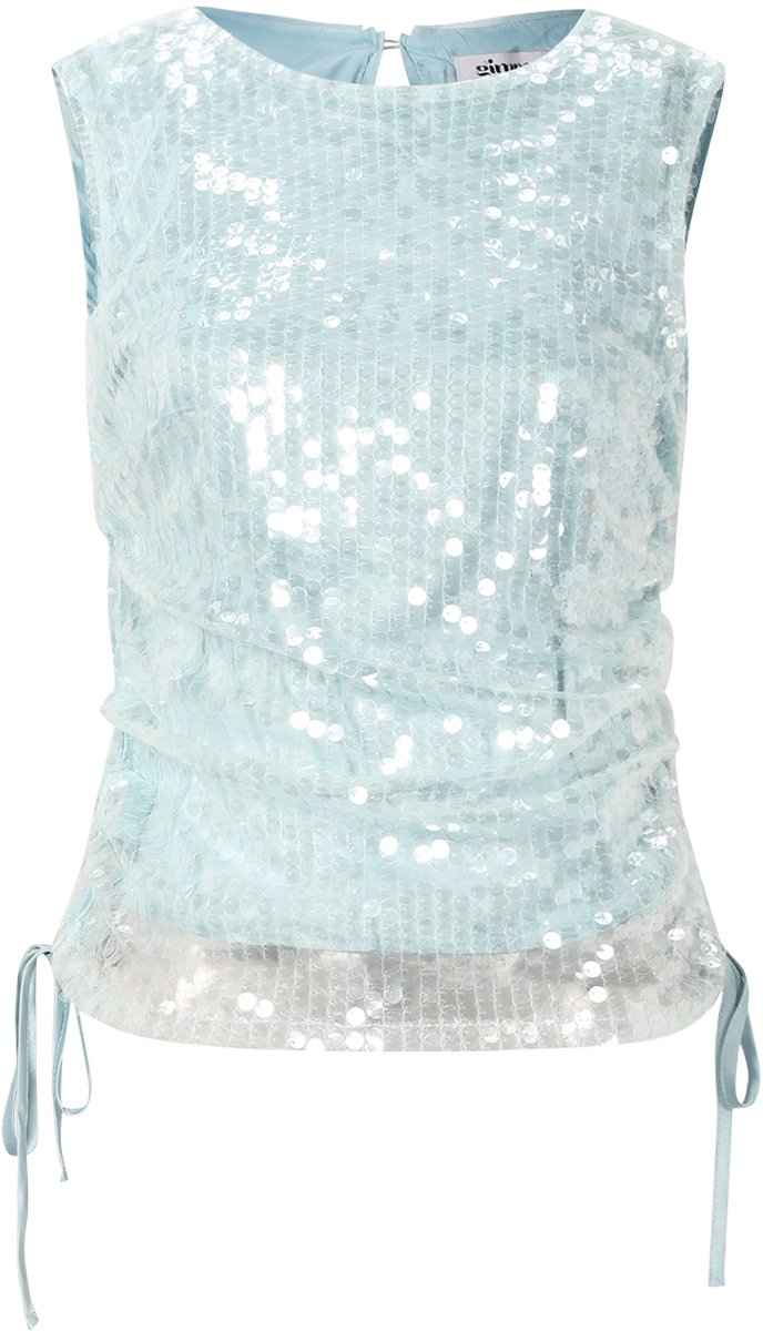 Schitterende Dames Top 'Top Met Pailletten' met Elegante Zijplooien - Babyblauw - Maat S