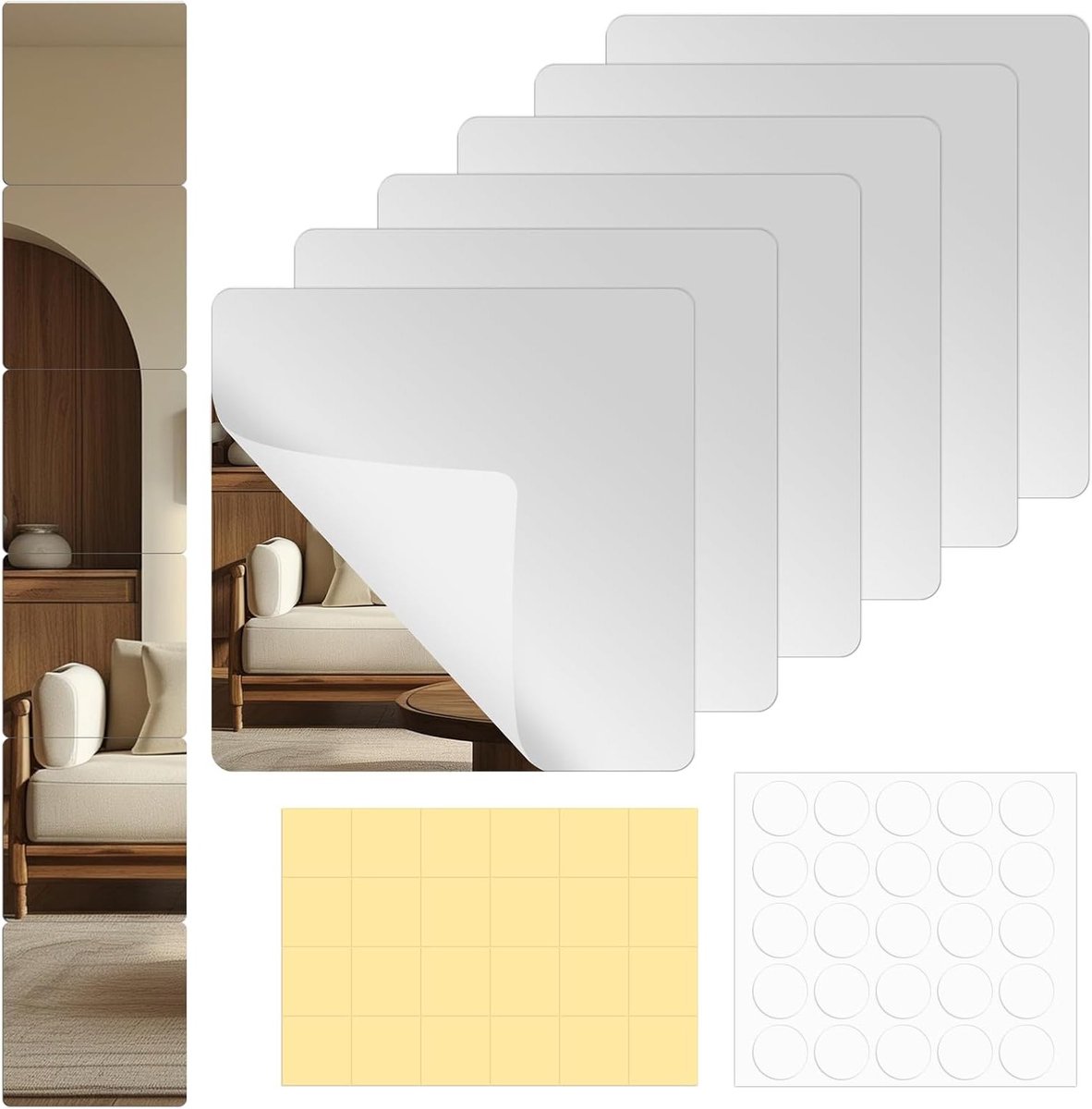 Set van 6 Zelfklevende Acryl Spiegels, Flexibele Spiegels van 20 x 20 cm voor Wanddecoratie, DIY en Meubelverfraaiing, 2 mm Dikte