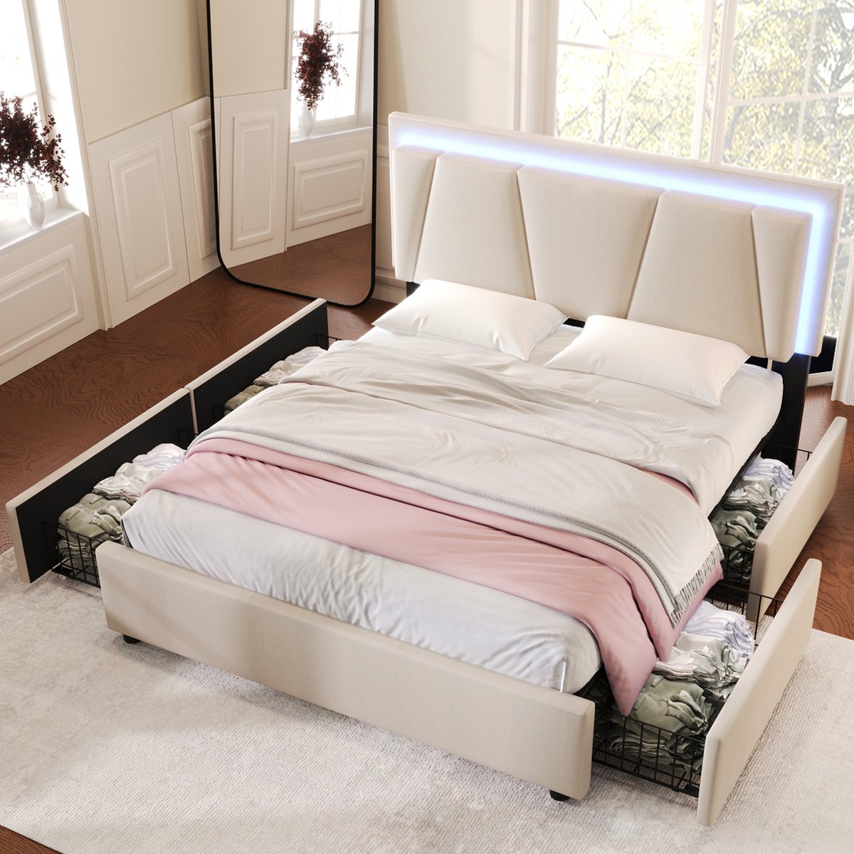 Gestoffeerd Bed 160x200 cm - Met LED-Verlichting en 4 Laden - Hoogteverstelbaar Hoofdbord - Zonder Matras - Stof Metaal Hout - Beige