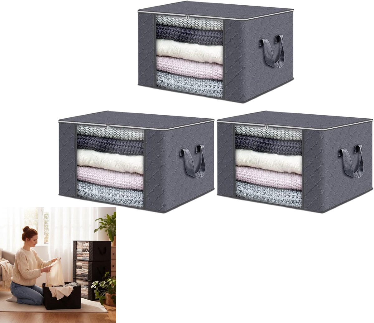 KZQ 3-pack opbergzakken voor dekens en beddengoed 60x40x35 cm - Met helder venster voor overzicht - Geschikt voor wasgoed slaapkamer badkamer studentenkamer en reizen - Zwart