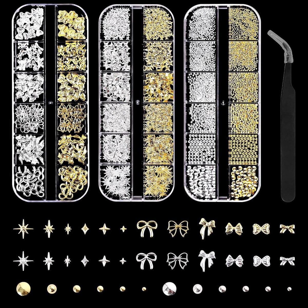 SnelShoppen - 3 Dozen Nail Charms Set met 36 Designs, Goud, Zilver, Sterren, Strikken, Parels, Nagelsieraden, Nagelstenen met Pincet, Nagelkunst Acces
