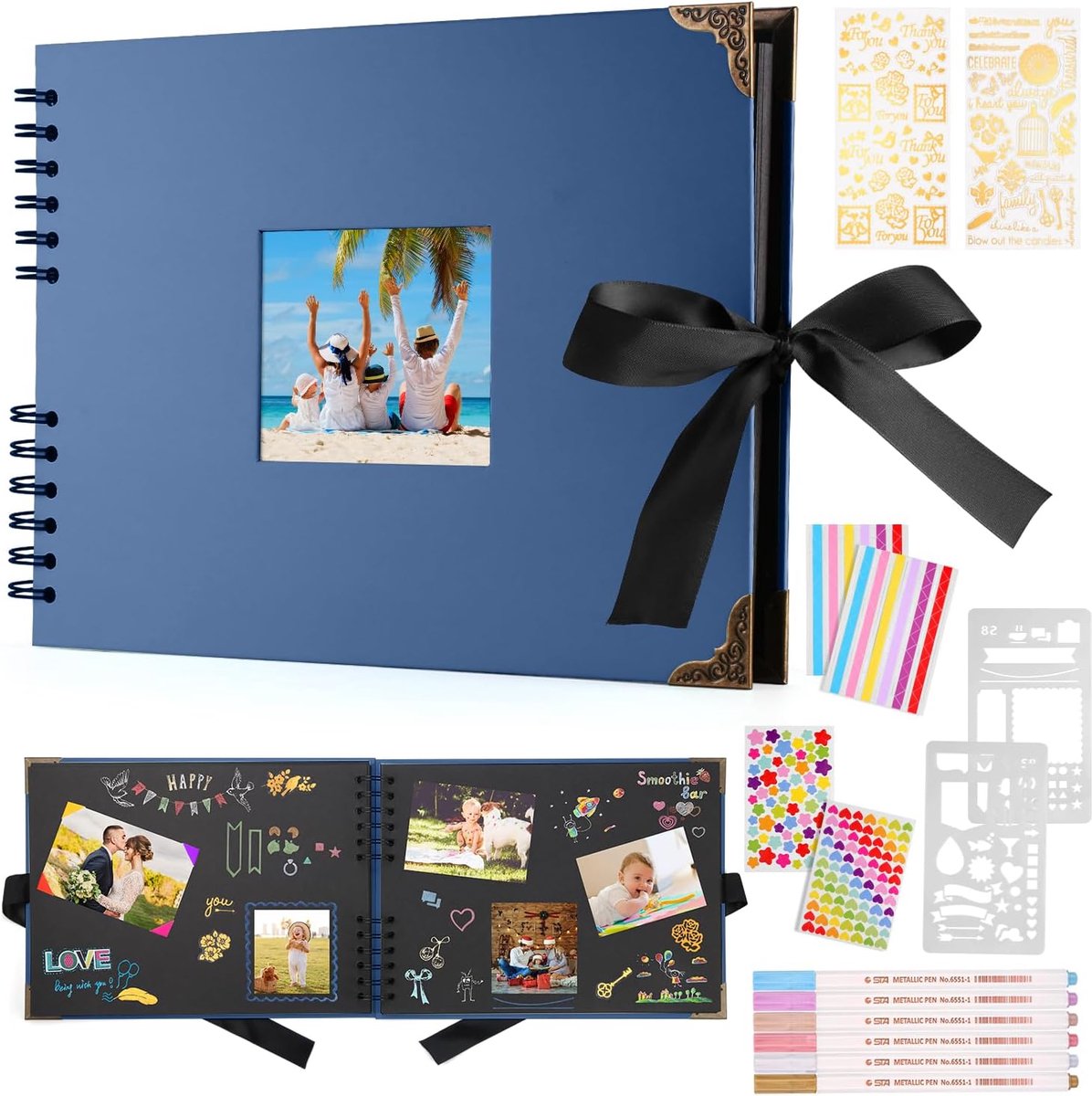 SnelShoppen - Foto Album 80 Pagina's, Zwart Scrapbook 29.5x21 cm, Inclusief 6 Metalen Pennen, Geschikt voor 160 Foto's, Gastenboek voor Verjaardag en