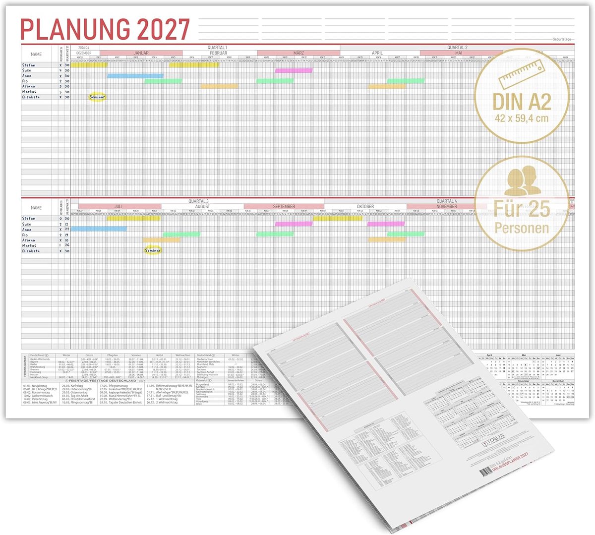 SnelShoppen - TOBJA Holiday Planner 2024 voor 25 medewerkers, DIN A2, 59.5 x 42 cm, vakantie kalender, afwezigheden overzicht, inclusief 2025 jaarover