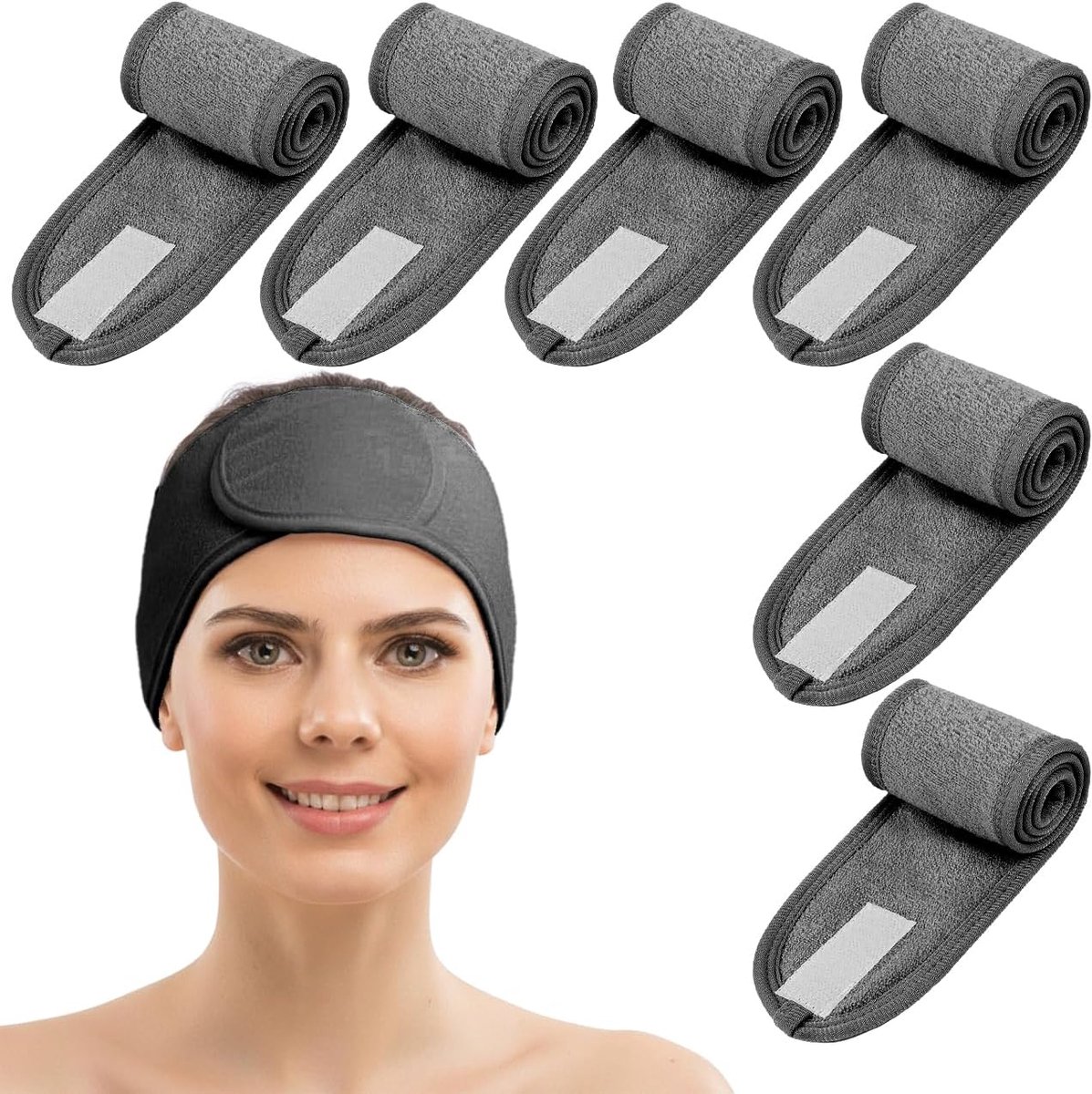 SnelShoppen - Set van 6 Make-up Haarbanden met Klem, Verstelbaar voor Sport, Douche, Cosmetica en Make-up (Grijs)