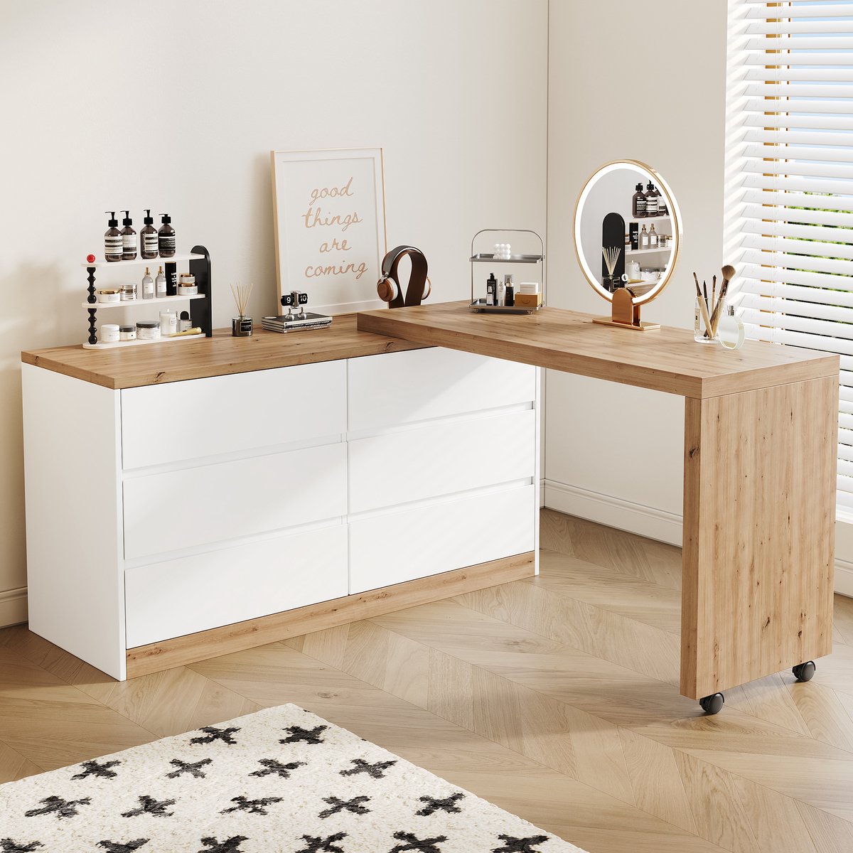 HAUSS SPOLE Bureau - Draaibaar Met Wielen En 6 Lades - Voor Thuiskantoor Of Hoekopstelling - Spaanplaat - 120x50x78 Cm - Eiken Wit