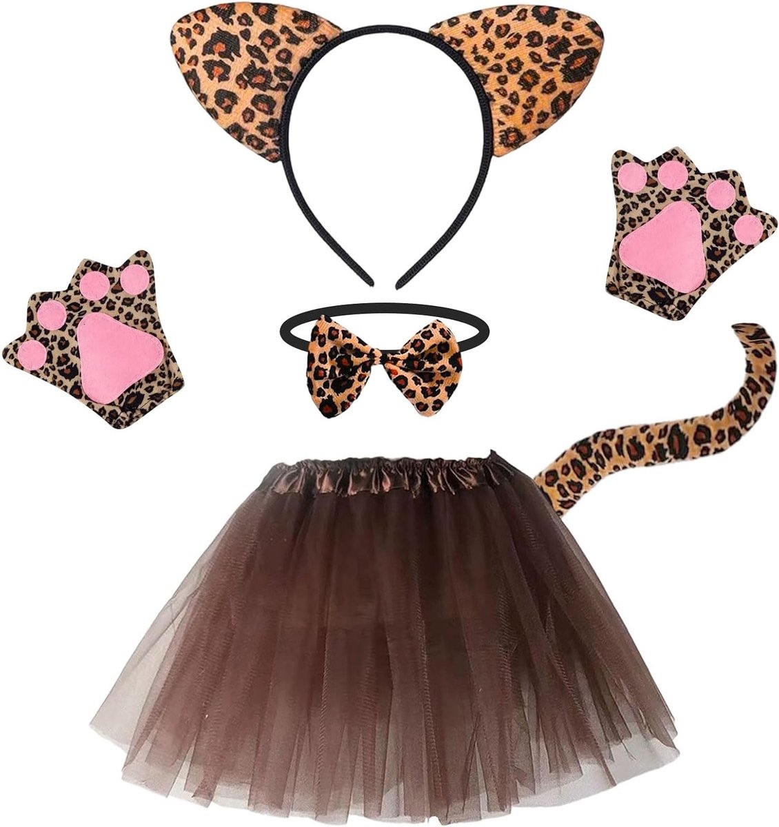 Leopard Kostuum Set met Hoofdband, Staart, Strik, Tutu Rok en Handschoenen voor Carnaval, Cosplay en Feestjes