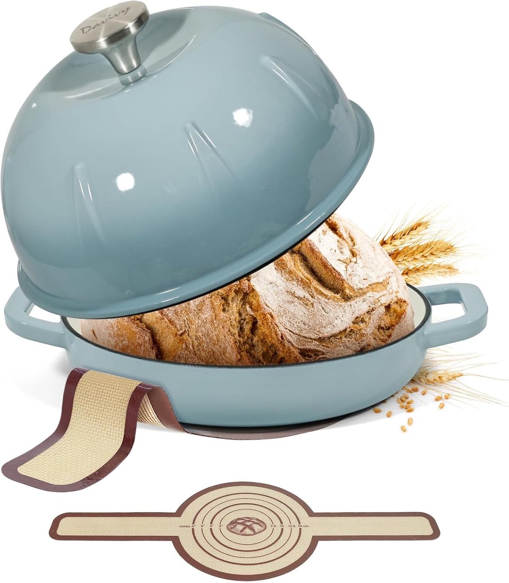 SnelShoppen - Emaillen Gietijzeren Dutch Oven 5L voor Brood, Pan met Koepel Deksel, Gietijzeren Broodpot - Inclusief Brood Trail, Zeezout Blauw