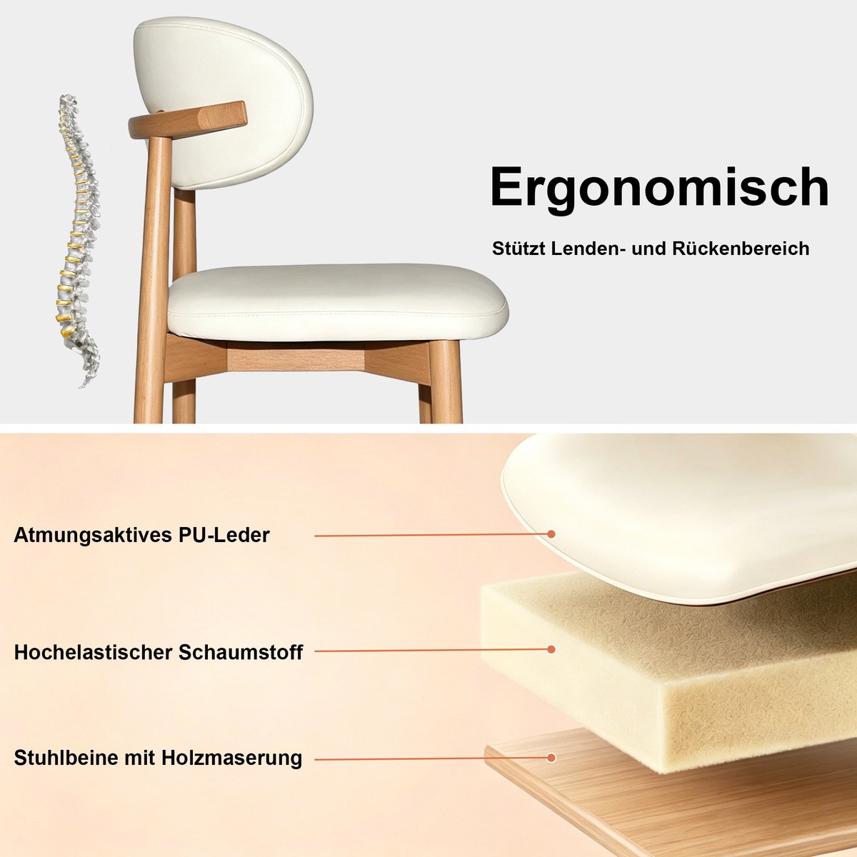 HAUSS SPOLE Eetkamerstoel Set van 2 Moderne Eetstoelen Met Ergonomische Rugleuning En Zachte Zitting Voor Keuken Woonkamer En Kantoor Hout Natural Walnut Wit