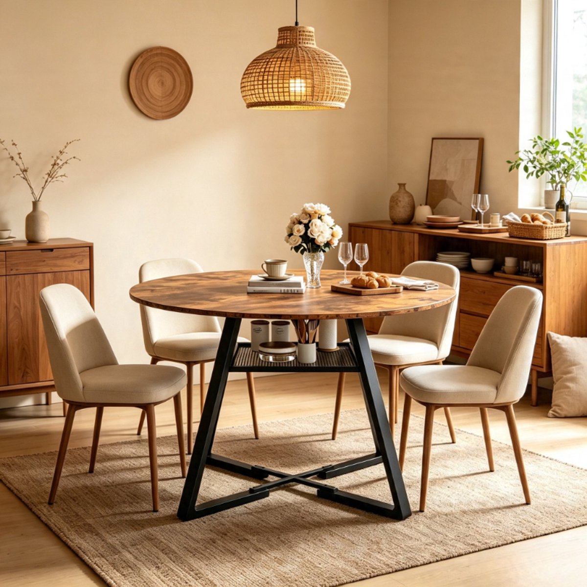 Ronde eettafel 120x120x75 cm, eettafel voor 4-6 personen met metalen onderstel, industriële keukentafel met open opbergvak, houten tafelblad met zwart frame