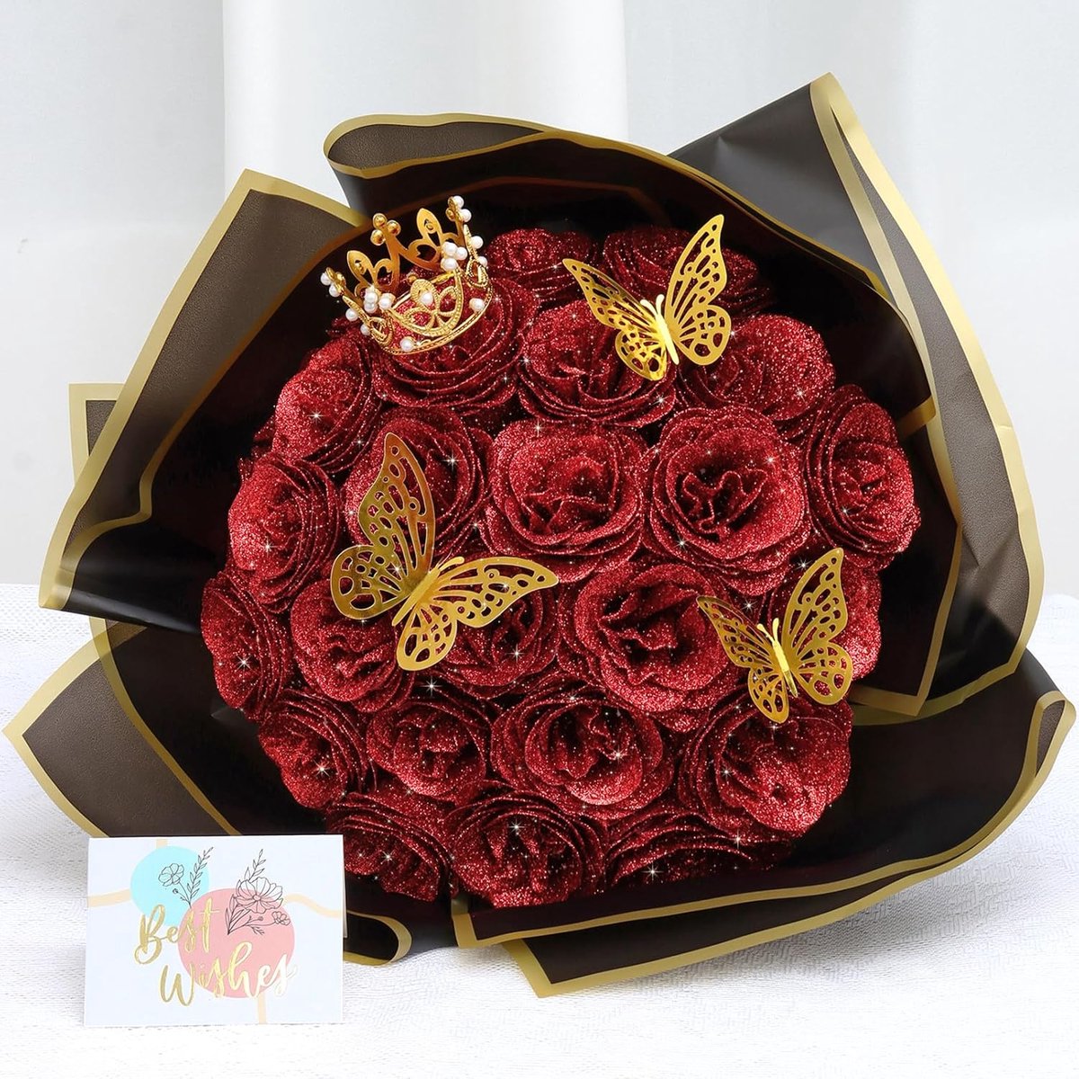 SnelShoppen - 26-delige Glitter Rode Rozen Boeket Kunstbloemen DIY Bloemstuk met Stelen, Kroon, Ribbons en Vlinders voor Feest, Kerst, Bruiloft en Dec