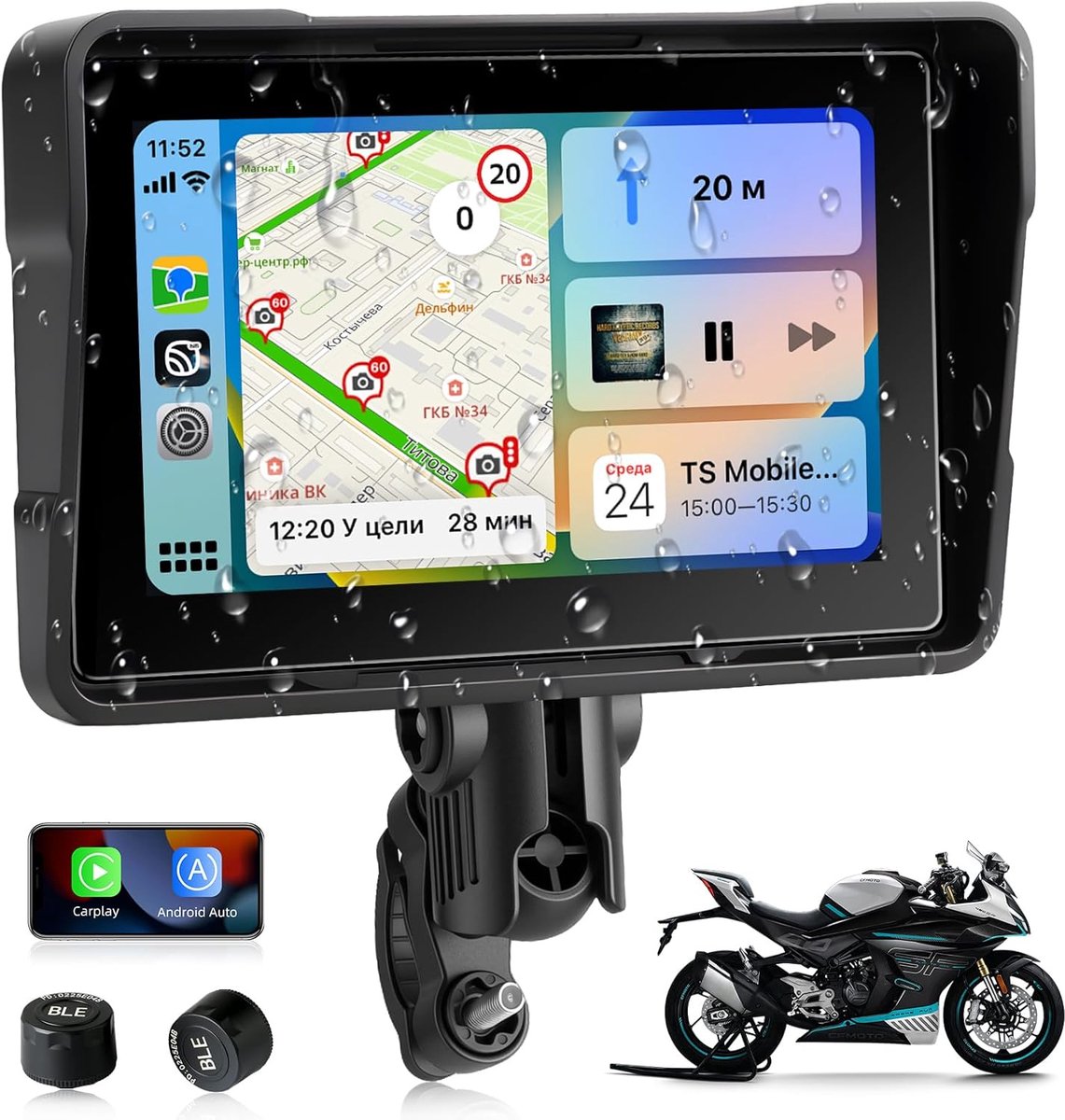 SnelShoppen - 5 inch Moto Navigator Touch Screen - Waterproof IP67 - CarPlay & Android Auto - GPS Navigatie met TPMS - Draadloze Smartphone Verbinding