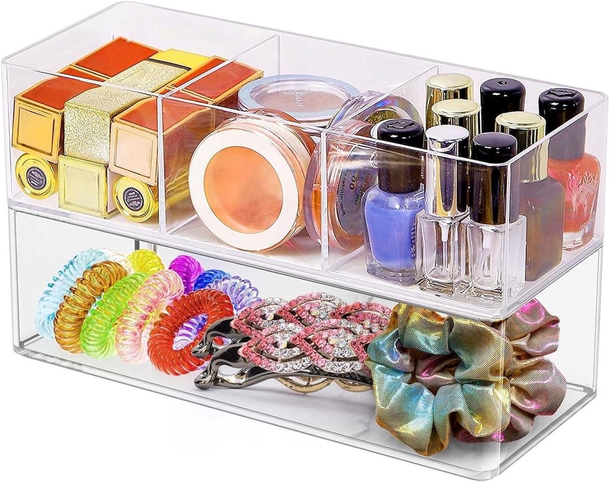 SnelShoppen - Transparante Acryl Makeup Organizer Set - 2 Stuks - Cosmetica Opbergdoos met 3 Compartimenten - Handig voor Lipsticks, Haar Elastiekjes
