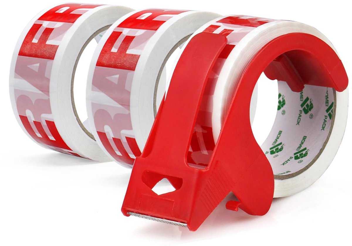 SnelShoppen - 3 Rollen Verhuis Tape met Fragile (Breekbaar) 48mm x 66m Extra Sterk met Dispenser - Verpakkingstape voor Verhuisdozen & Aandacht Voorzi