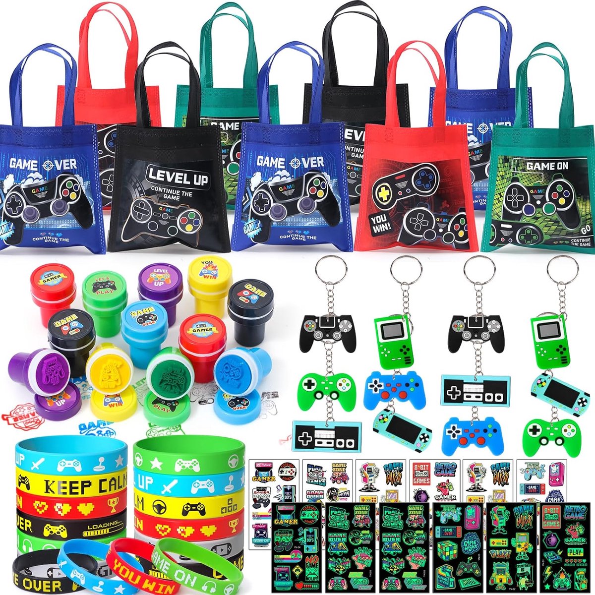 SnelShoppen - Video Game Party Gift Set voor Kinderen - 12 Stuks - Silicone Armbanden, Sleutelhangers, Stempels, Tattoo Stickers - Perfect voor Verjaa