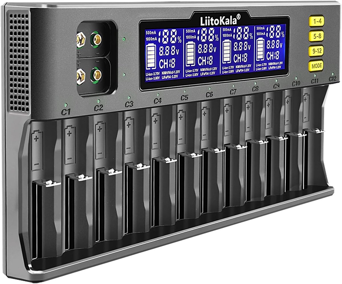 SnelShoppen - LiitoKala S12 18650 12-Slot LCD Display Snelle Batterij Lader - Slimme Universele Lader voor Li-ion, LiFePO4, Ni-MH/CD - Geschikt voor 1