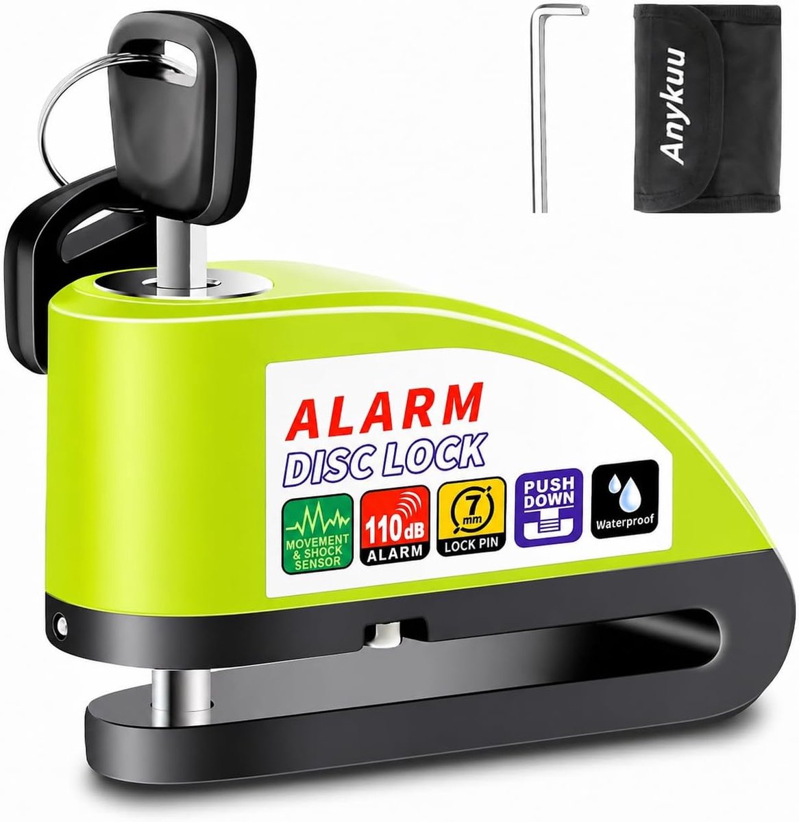 SnelShoppen - Brake Disc Lock Alarm 110dB Met 1.5m Reminder Kabel en Lock Bag - Robuuste Aluminium Motorfiets en Fiets Beveiliging - 7mm Dikte Remschi