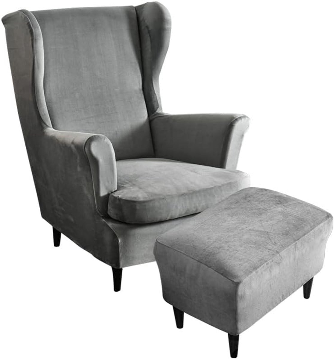 SnelShoppen - Stretch Wing Chair Covers 2 Stuks met Ottoman Cover - Wasbare Spandex Stoelhoes voor Armstoelen - Grijs - Meubelhoes Bescherming voor Sl