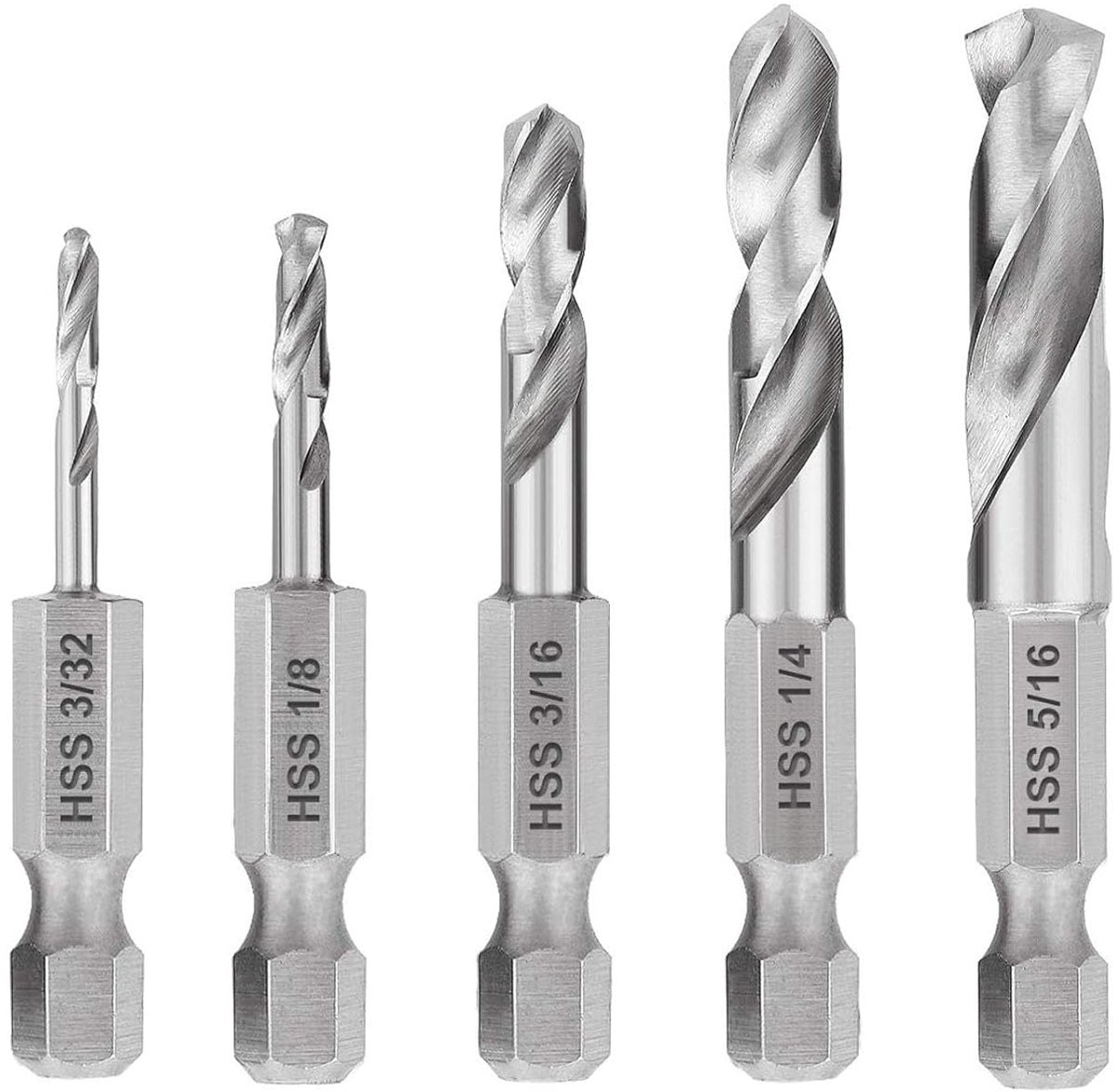 SnelShoppen - 5-delige HSS M2.3/32, 1/8, 3/16, 1/4, 5/16 inch korte metaalboorset met hex shank, snelwissel, compact en duurzaam voor precisieboren