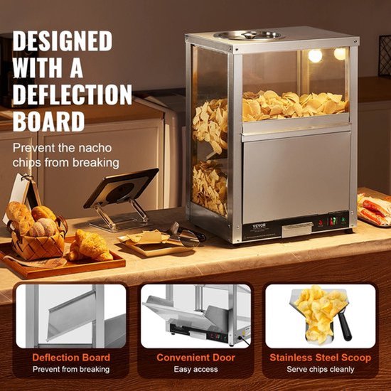 Nacho Warmer - Professionele Chipswarmer - 230V - 200W - 84.5QT - Nacho Machine Deflection Board - Roestvrij staal - Zilver — afbeelding 2
