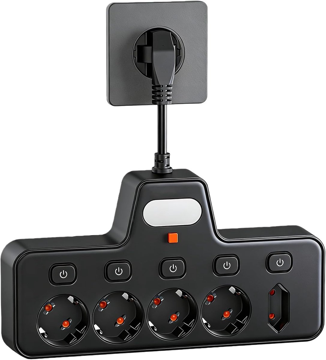 SnelShoppen - Power Strip Separately Switchable 5-in-1, USB Socket Strip, Zwarte Stekkerdoos met Surge Protection, 24x9x4 cm voor Thuis en Kantoor