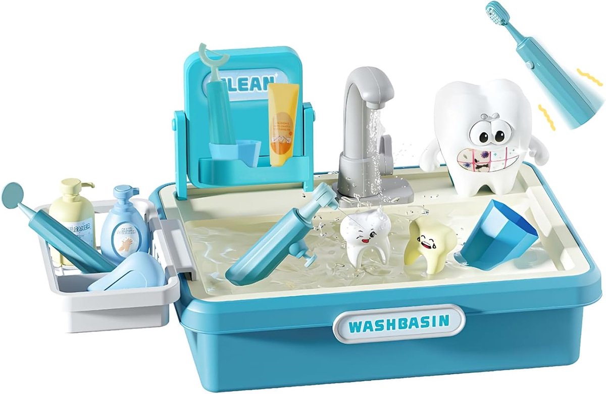 SnelShoppen - Wastafel voor Kinderen met Waterfunctie, 15-delige Speelset met Tanden, Tandenborstels, Mondsproeiers en Spiegel - Blauw - Leer Mondhygi