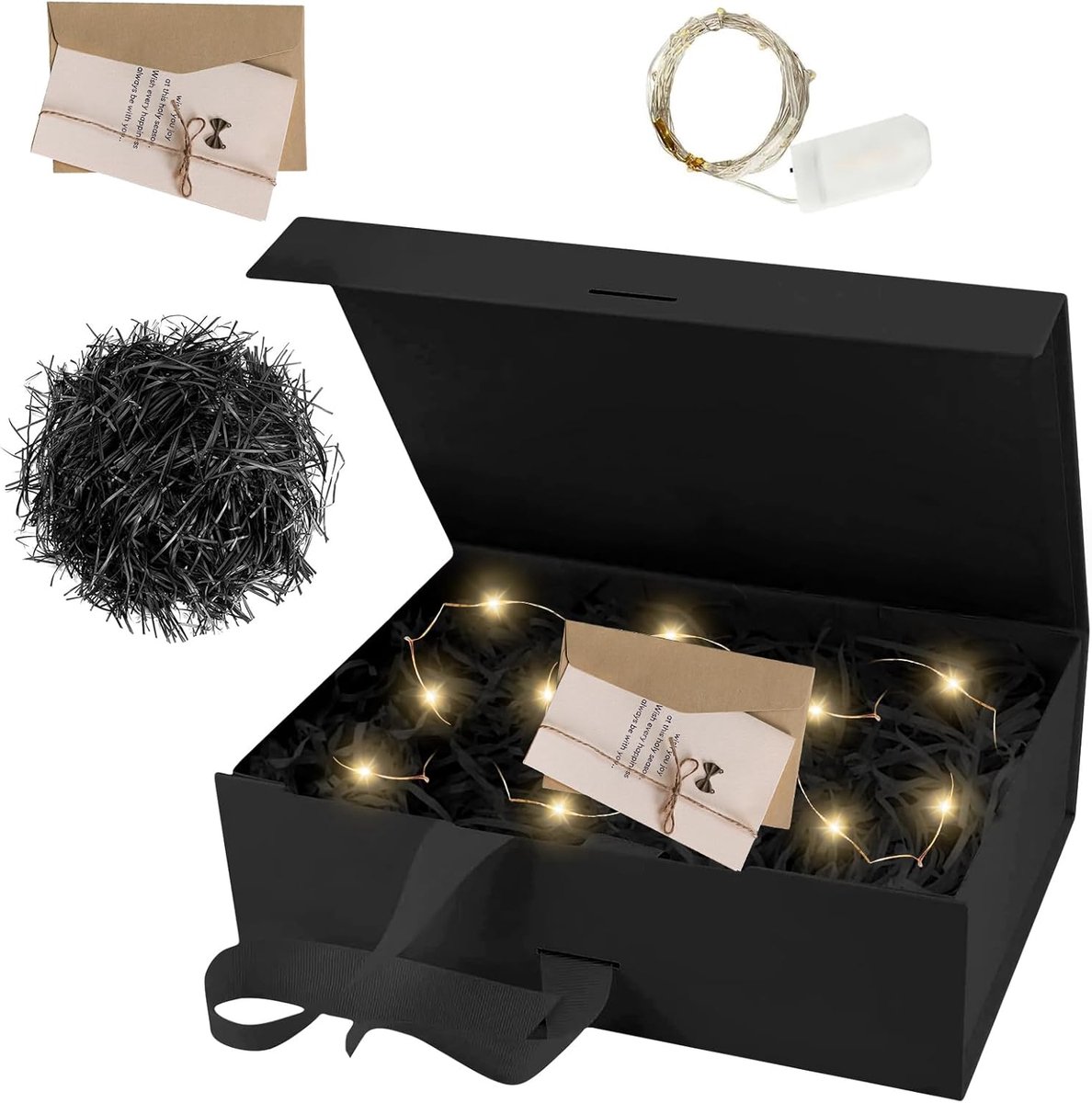 SnelShoppen - Luxe Cadeaubox met Deksel, Strik en Raffia Mand - 21x17x7 cm - Met Verjaardagskaart en Magnetische LED Lamp - Perfect voor Verjaardag, B