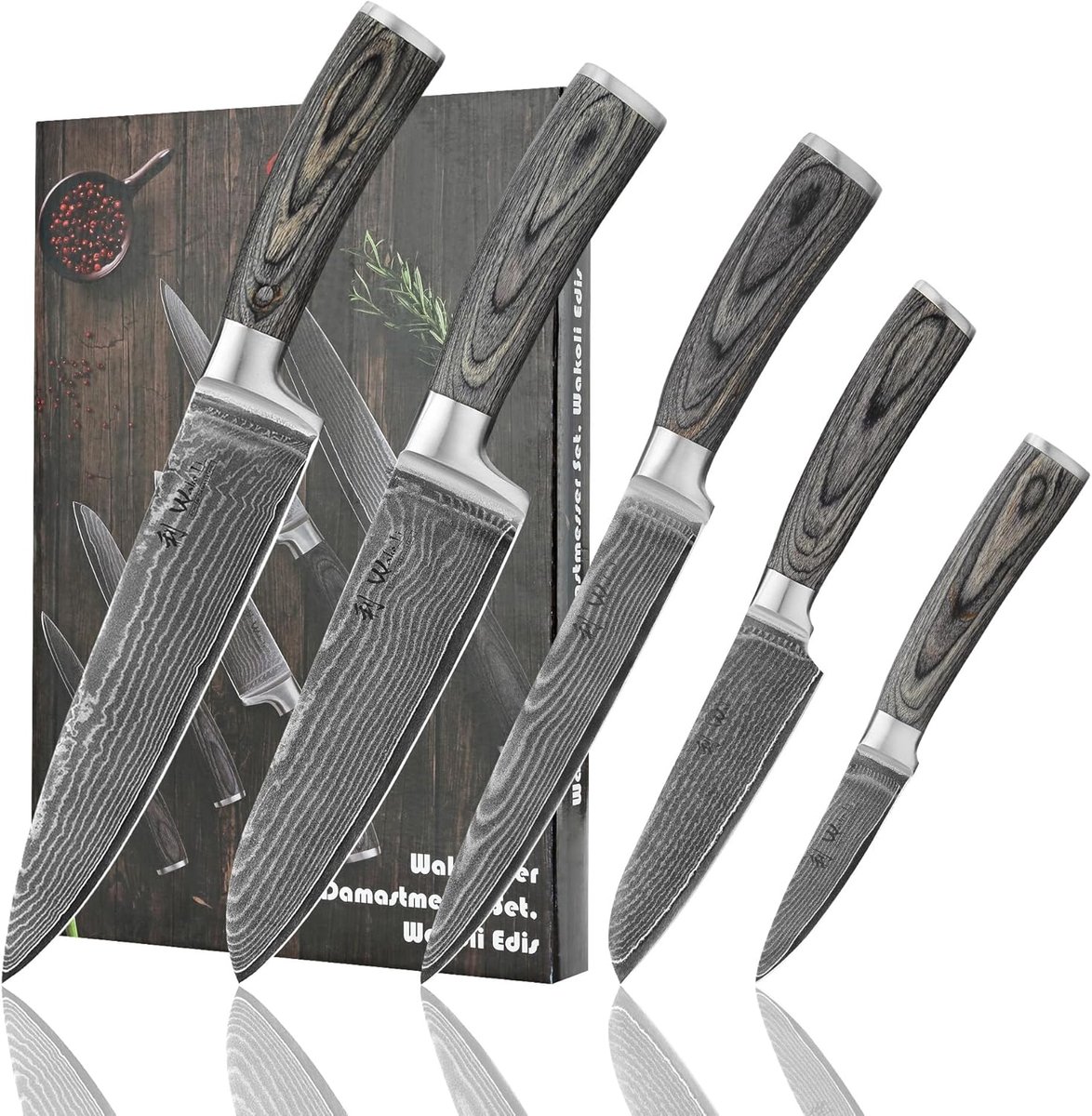 SnelShoppen - 5-delige Damast Stalen Keukenmes Set met VG10 Kern - Scherpe Koksmes, Vleesmes, 2x Santoku & Schilmes in Luxe Cadeau Doos met Pakka Hout