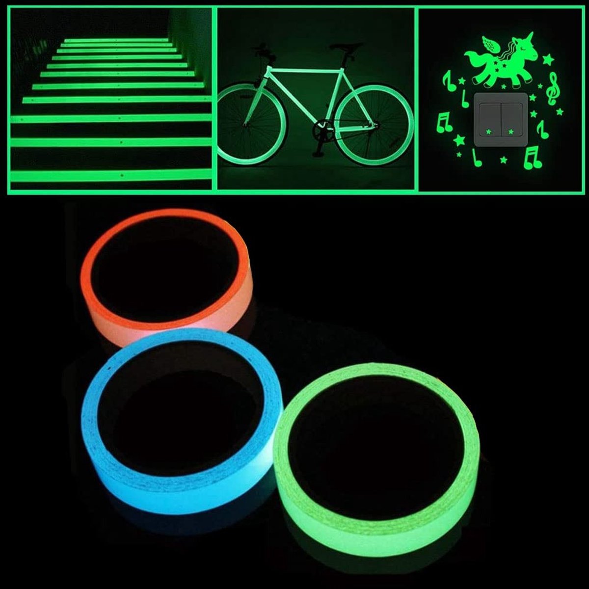 Luminous Tape Set van 3 Stukken, Fluorescerende Tape voor Auto's, Decoraties en Trappen, Waterdicht en Beschikbaar in Meerdere Kleuren, 10mm x 5m