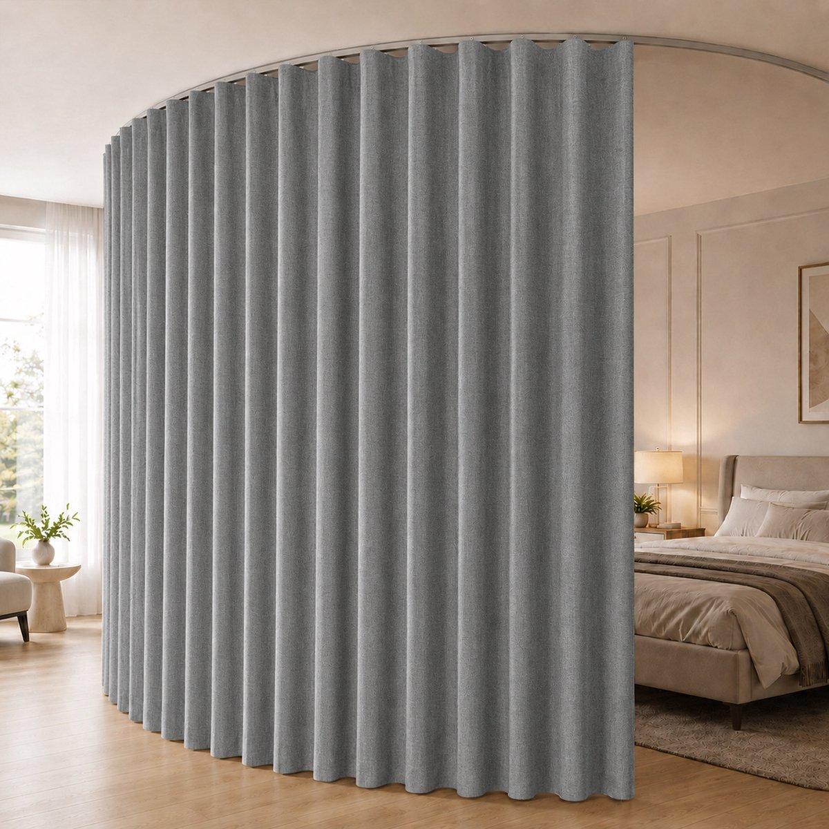 Qelus Kamerverdeler Gordijn Linnenlook - 100% Verduisterend Scheidingsgordijn met Flexibele Plafondrail - Ruimteverdeler - Thermisch Isolerend en Geluidsdempend - Voor Slaapkamer, Woonkamer, Kantoor en Studio - Kaki - 254 x 213 cm - 1 Stuk