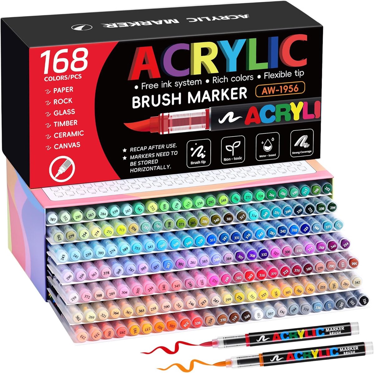 SnelShoppen - 168 Kleuren Acrylstiften met Penseelpunt - Dekkende en Permanente Acrylmarkers voor Steen, Keramiek, Hout, Canvas - Direct Gebruik - Cre