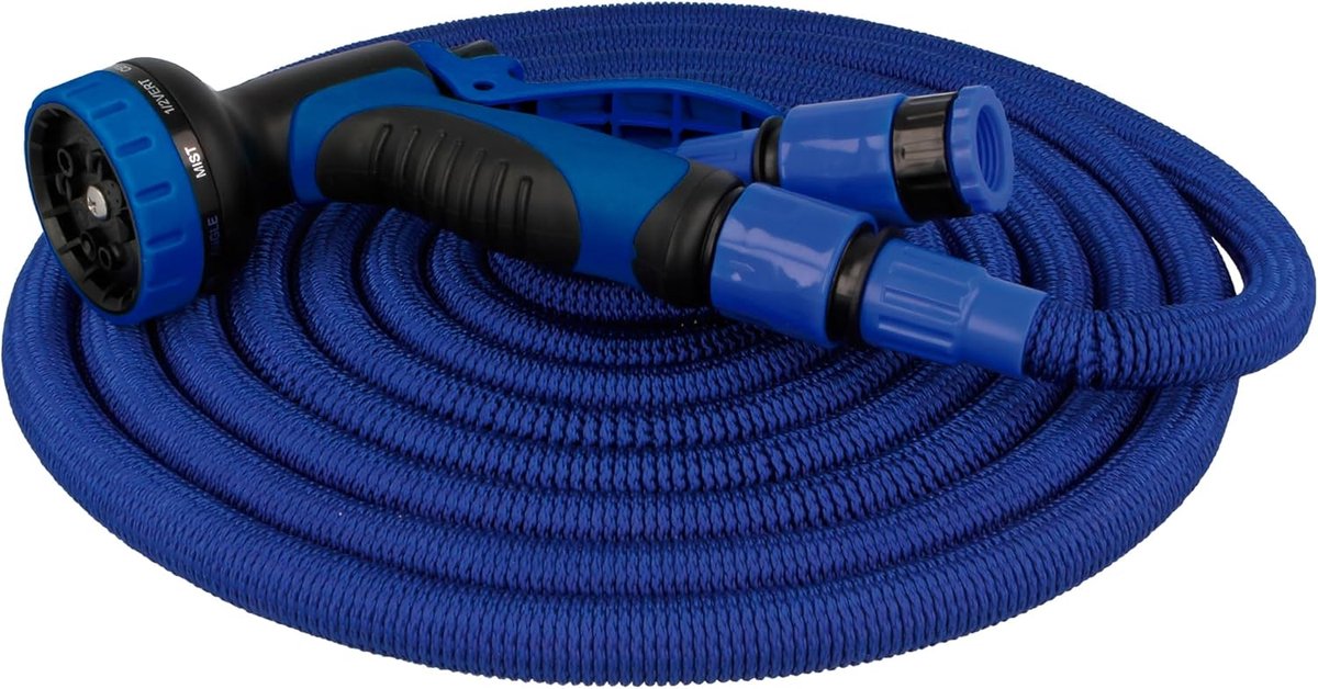SnelShoppen - Tuinslang 15 m - Uitschuifbare Tuin-Hose - Inclusief 9-functie Spray Gun en Accessoires - Dubbele Latex - Blauw - Voor Tuin, Camping en