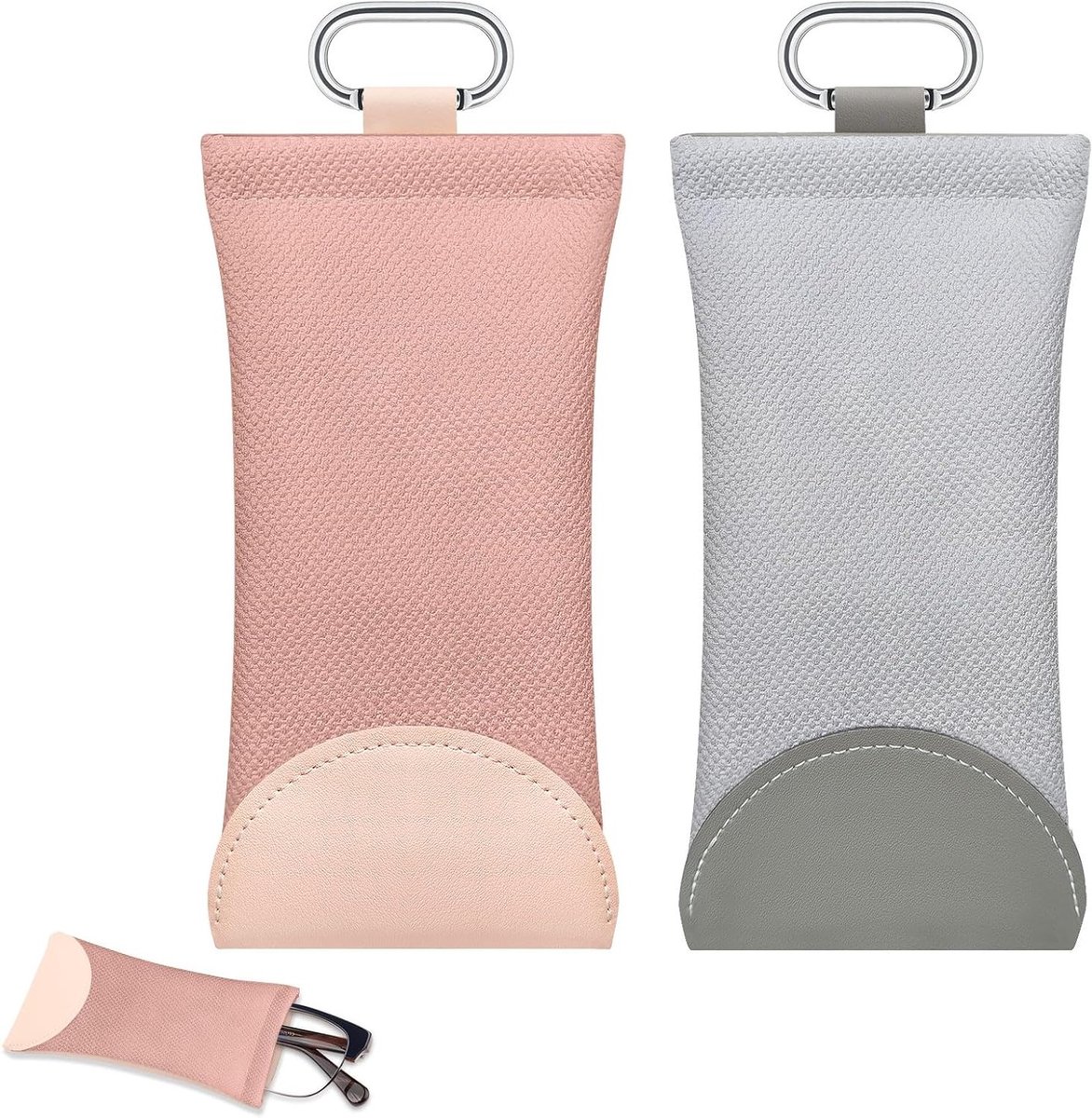 2-in-1 Zelfsluitende Brillenetui met 2 Karabiners, Dunne Leren Brillenhouder voor Reizen, Zonnebril Etui in Roze en Grijs