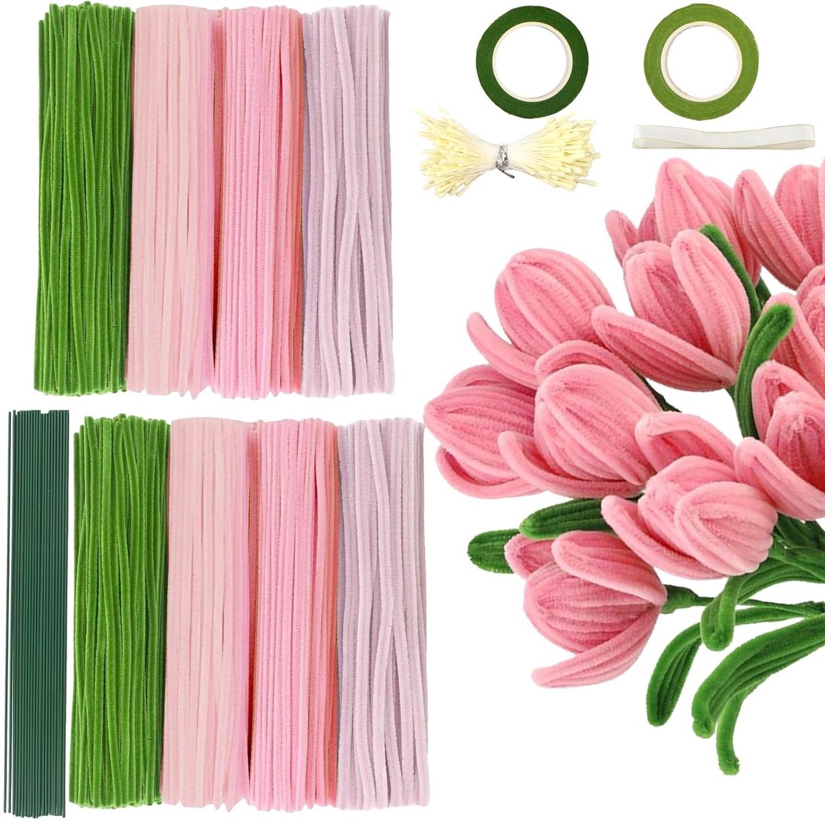 Pijpenreinigers en bloemenset voor creatief knutselen, 600 stuks, ideaal voor volwassenen en kinderen, inclusief bloemstelen en plakband