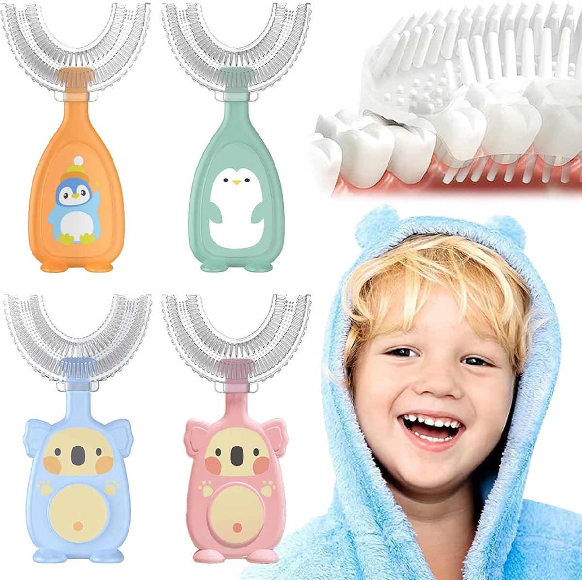 SnelShoppen - 4 Stuks Baby Tandenborstel U-vormig, Zachte Siliconen Borstelkop, Ideaal voor Gevoelige Tandjes, Handmatige Trainingstandenborstel voor