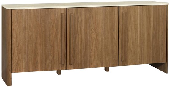 Vue de côté d'un buffet fermé décor bois, trois portes et un plateau aspect travertin.