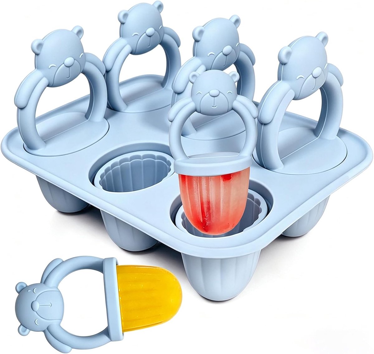 Siliconen ijsjesvorm voor kinderen - 6 vormpjes (elk 17 ml) - Mini BPA-vrije, kindveilige vorm - Inclusief bijtstokjes - Geschikt voor de vriezer en voor peuters - Maak ijsjes of yoghurtijsjes - Blauw